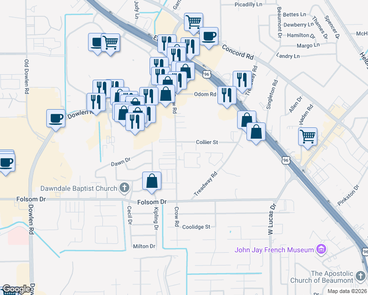 map of restaurants, bars, coffee shops, grocery stores, and more near 4040 Crow Road in Beaumont