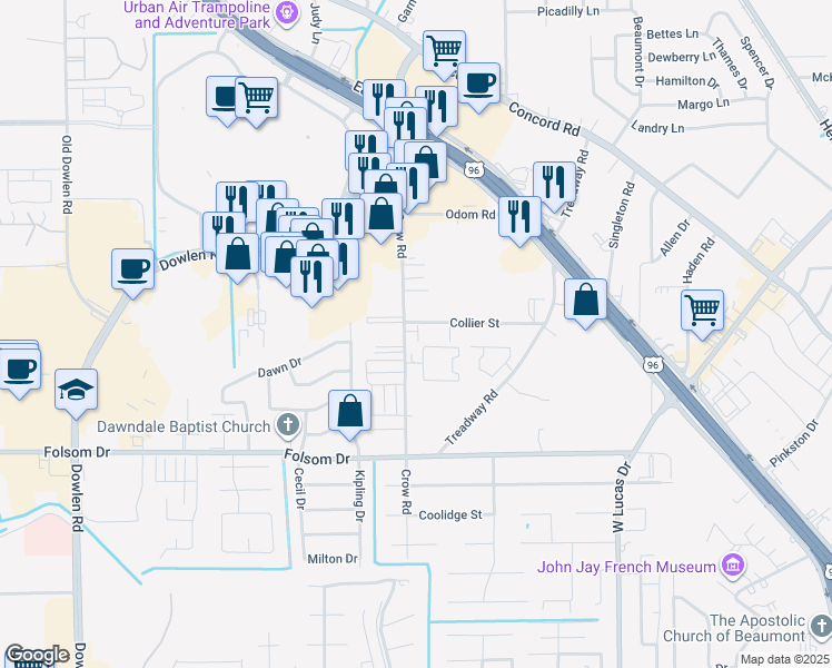 map of restaurants, bars, coffee shops, grocery stores, and more near 4150 Crow Road in Beaumont
