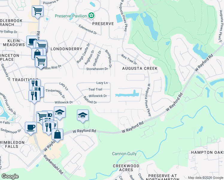 map of restaurants, bars, coffee shops, grocery stores, and more near 7802 Willowick Drive in Spring