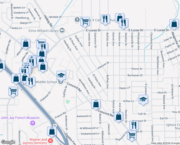 map of restaurants, bars, coffee shops, grocery stores, and more near 4407 El Paso Avenue in Beaumont