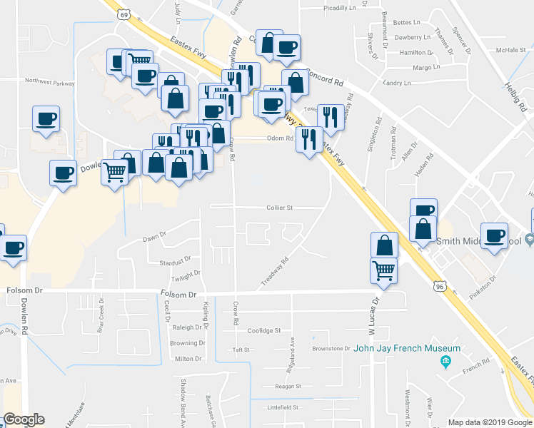 map of restaurants, bars, coffee shops, grocery stores, and more near 4625 Collier Street in Beaumont