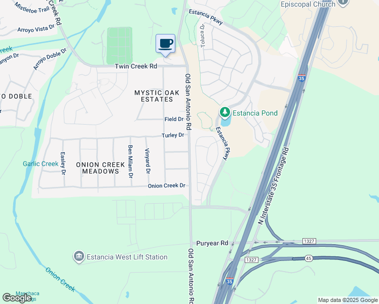 map of restaurants, bars, coffee shops, grocery stores, and more near 12803 Old San Antonio Road in Manchaca