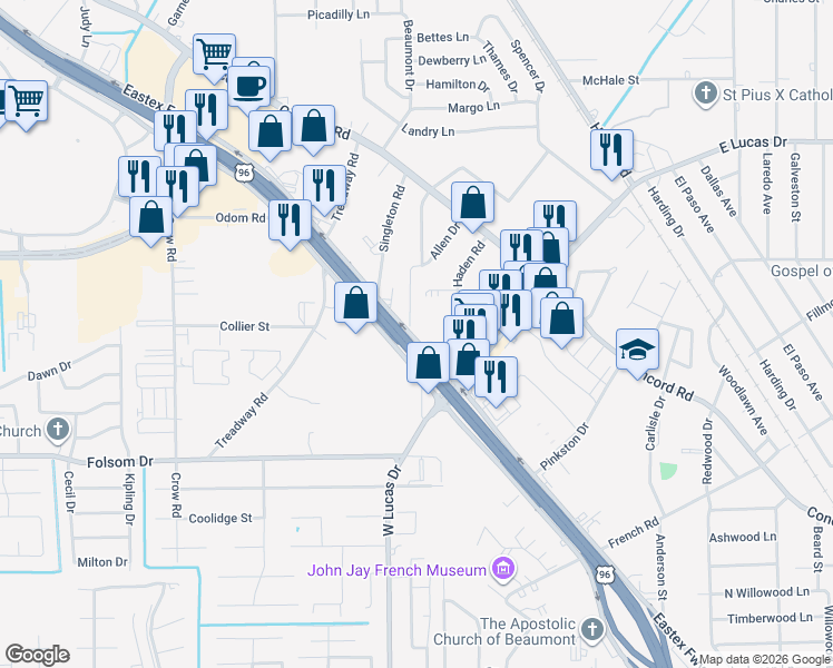 map of restaurants, bars, coffee shops, grocery stores, and more near 5010 Allen Drive in Beaumont
