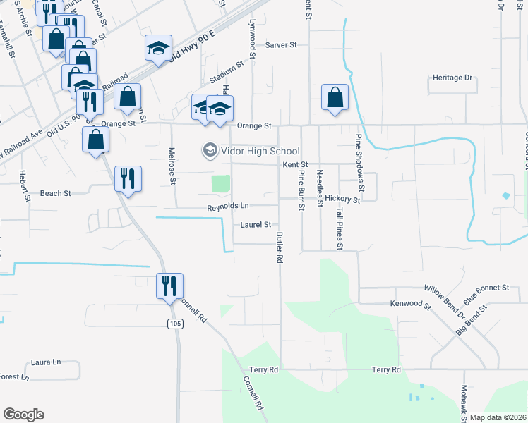 map of restaurants, bars, coffee shops, grocery stores, and more near 765 Laurel Street in Vidor