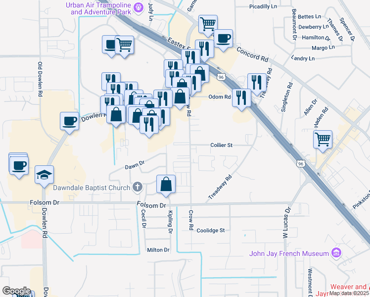 map of restaurants, bars, coffee shops, grocery stores, and more near 4025 Crow Road in Beaumont