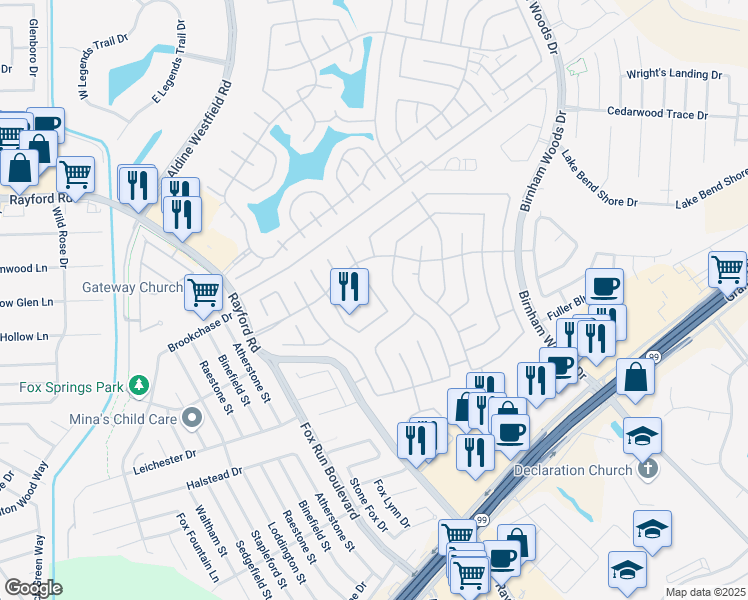 map of restaurants, bars, coffee shops, grocery stores, and more near 29527 North Legends Bend Drive in Spring