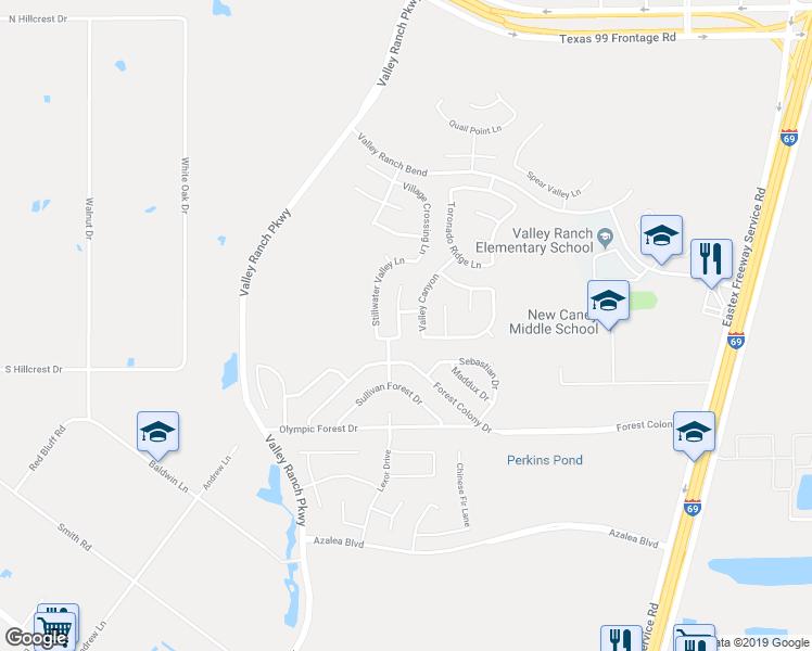 map of restaurants, bars, coffee shops, grocery stores, and more near 22547 Stillwater Canyon Lane in Porter