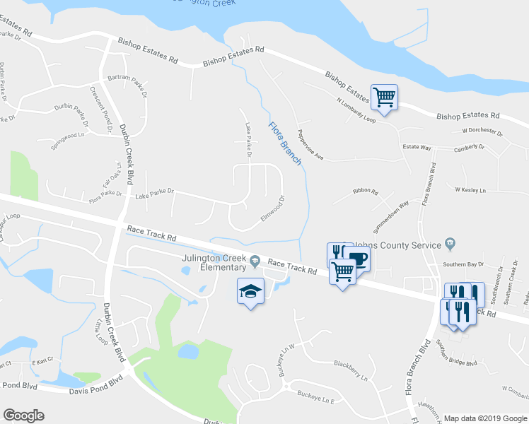 map of restaurants, bars, coffee shops, grocery stores, and more near 164 Elmwood Drive in Saint Johns