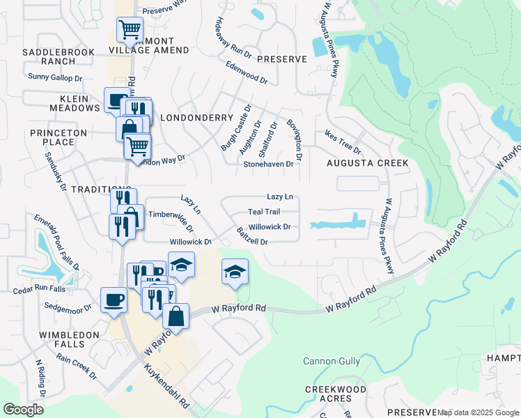 map of restaurants, bars, coffee shops, grocery stores, and more near 7906 Lazy Lane in Spring