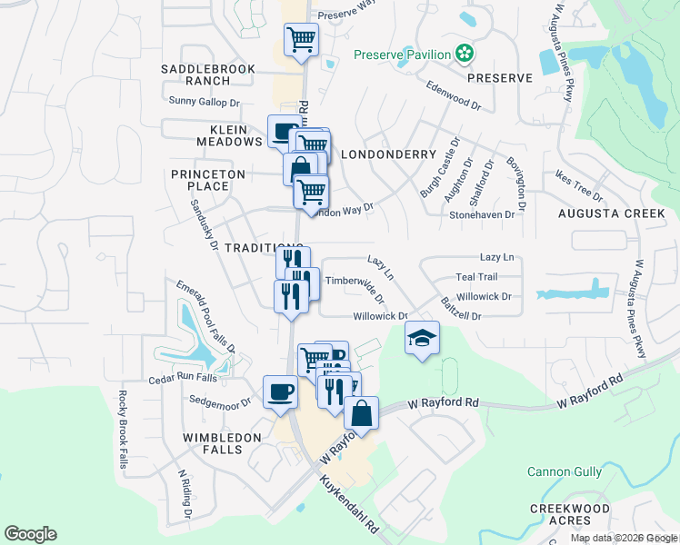 map of restaurants, bars, coffee shops, grocery stores, and more near 8402 Lazy Lane in Spring