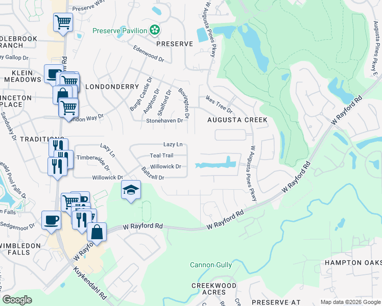 map of restaurants, bars, coffee shops, grocery stores, and more near 7809 Lazy Lane in Spring