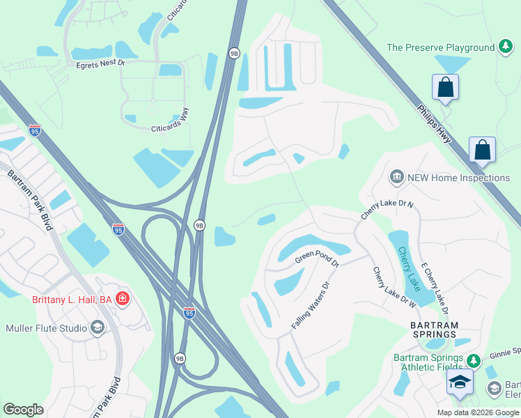 map of restaurants, bars, coffee shops, grocery stores, and more near Brush Hollow Road in Jacksonville