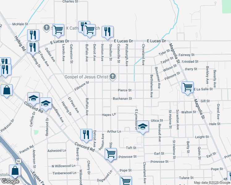 map of restaurants, bars, coffee shops, grocery stores, and more near 4300 Steelton Street in Beaumont