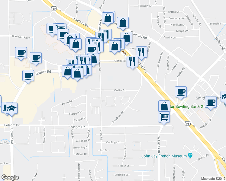 map of restaurants, bars, coffee shops, grocery stores, and more near 4650 Collier Street in Beaumont
