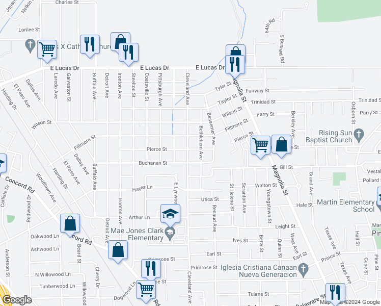 map of restaurants, bars, coffee shops, grocery stores, and more near 4290 Cleveland Street in Beaumont