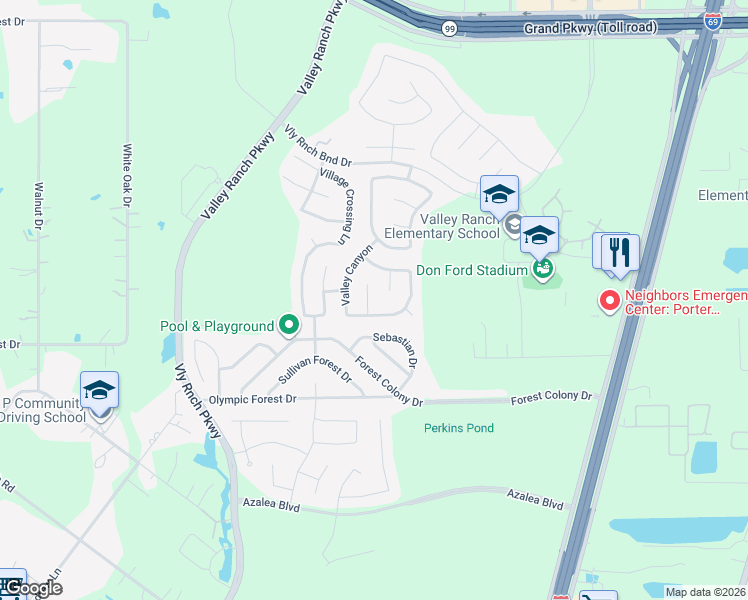 map of restaurants, bars, coffee shops, grocery stores, and more near 22531 Rustic Valley Court in Porter