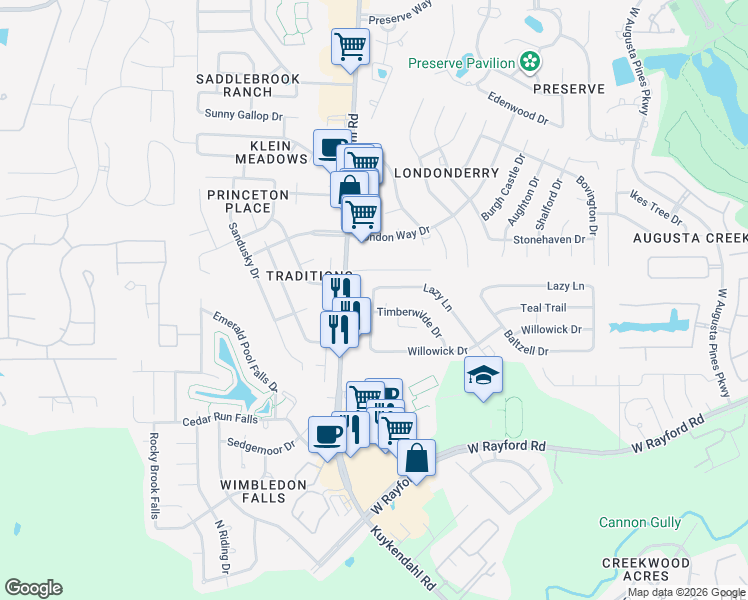 map of restaurants, bars, coffee shops, grocery stores, and more near 8422 Lazy Lane in Spring