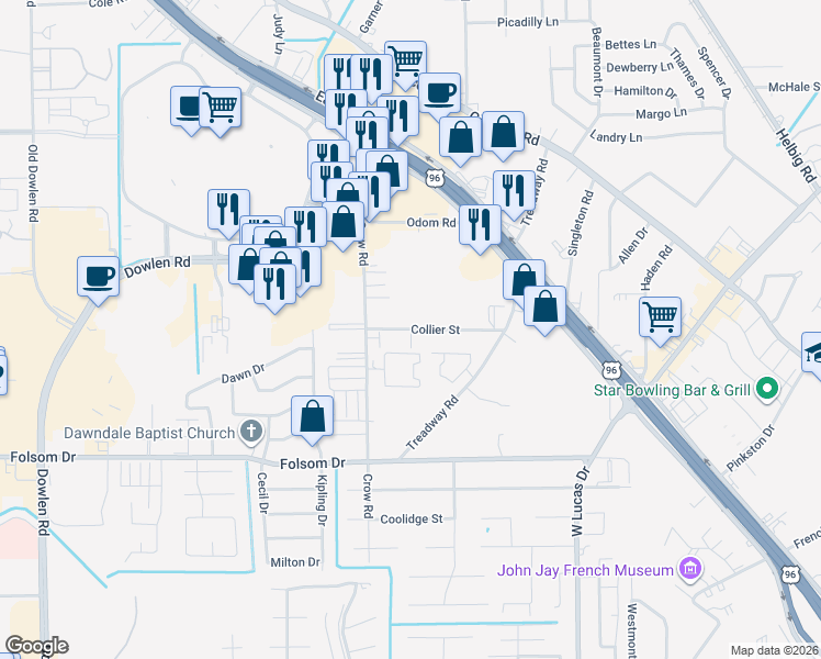map of restaurants, bars, coffee shops, grocery stores, and more near 4650 Collier Street in Beaumont