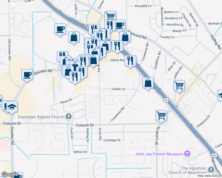 map of restaurants, bars, coffee shops, grocery stores, and more near 4650-4798 Collier St in Beaumont