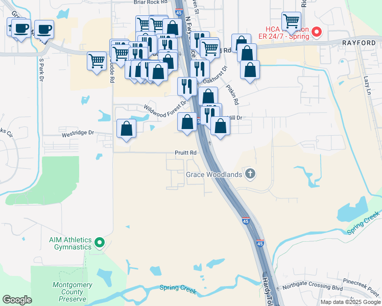 map of restaurants, bars, coffee shops, grocery stores, and more near 152 Pruitt Road in Spring