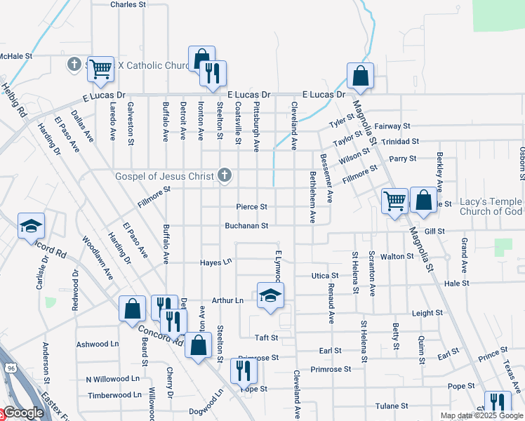 map of restaurants, bars, coffee shops, grocery stores, and more near 2385 Pierce Street in Beaumont
