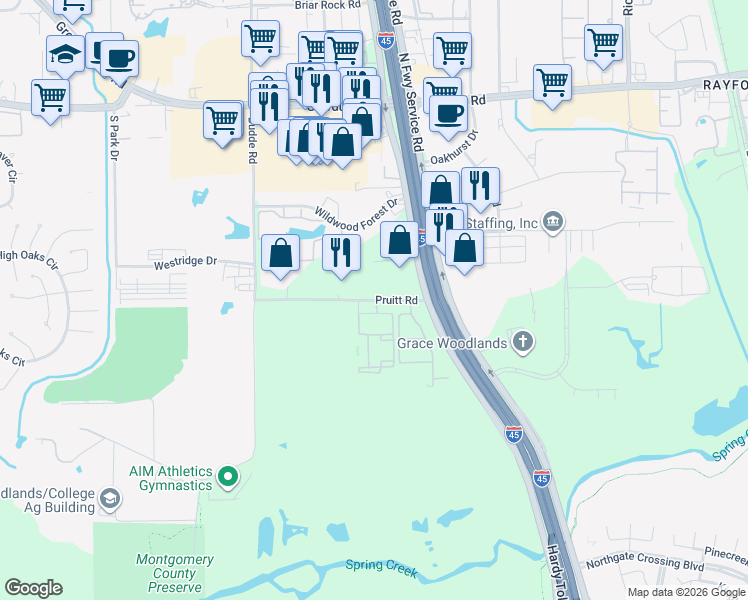 map of restaurants, bars, coffee shops, grocery stores, and more near 310 Pruitt Road in Spring