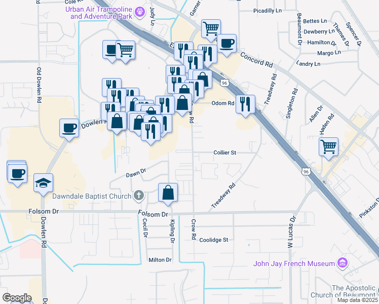 map of restaurants, bars, coffee shops, grocery stores, and more near 4195 Crow Road in Beaumont