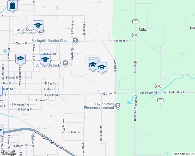 map of restaurants, bars, coffee shops, grocery stores, and more near 1600 East Green Street in Perry