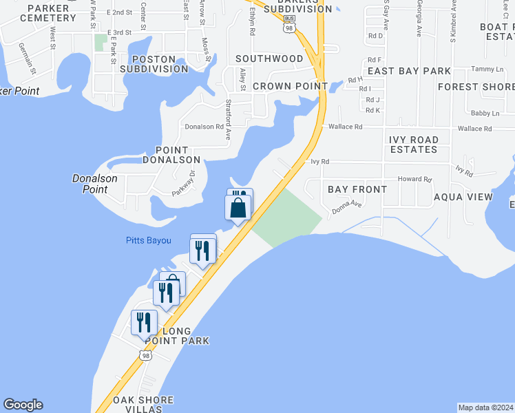 map of restaurants, bars, coffee shops, grocery stores, and more near 5808 East Highway 98 in Panama City