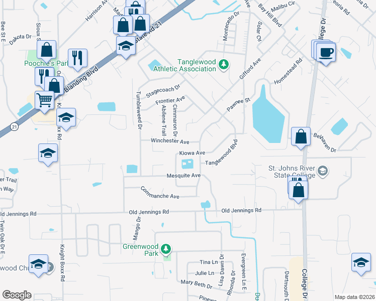 map of restaurants, bars, coffee shops, grocery stores, and more near 2813 Kiowa Avenue in Orange Park