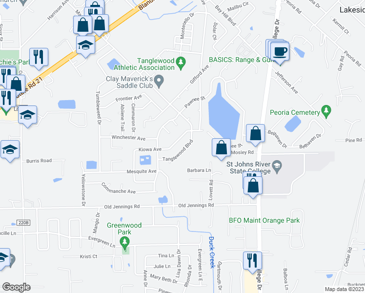 map of restaurants, bars, coffee shops, grocery stores, and more near 2843 Tanglewood Boulevard in Orange Park