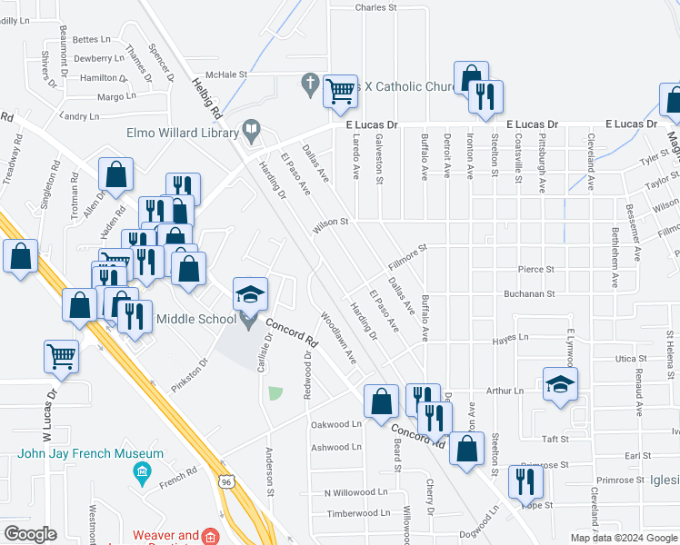 map of restaurants, bars, coffee shops, grocery stores, and more near 4444 Harding Drive in Beaumont