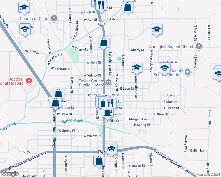 map of restaurants, bars, coffee shops, grocery stores, and more near 400 North Washington Street in Perry