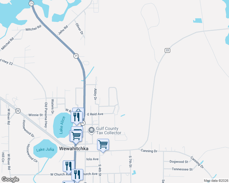 map of restaurants, bars, coffee shops, grocery stores, and more near 211 Charlie Gaskin Dr in Wewahitchka