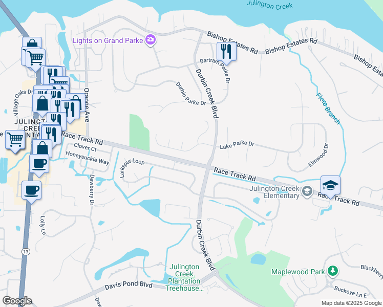 map of restaurants, bars, coffee shops, grocery stores, and more near 1028 Flora Parke Drive in Jacksonville