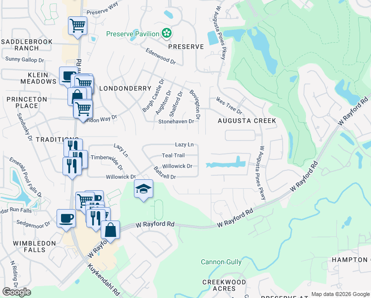 map of restaurants, bars, coffee shops, grocery stores, and more near 7809 Lazy Lane in Spring