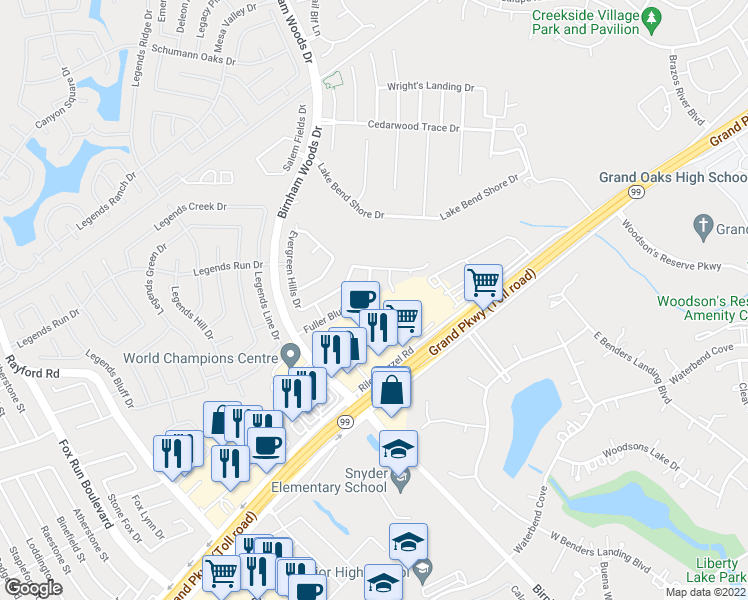 map of restaurants, bars, coffee shops, grocery stores, and more near 3634 Fuller Bluff Drive in Spring