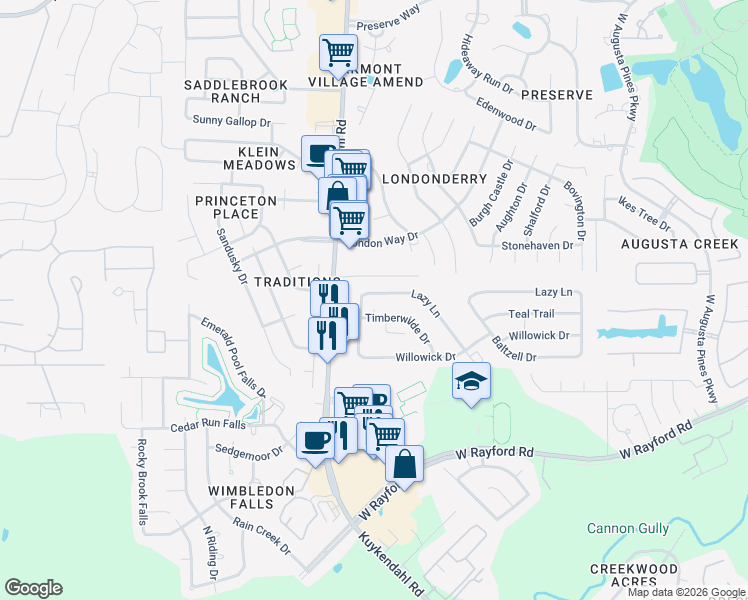 map of restaurants, bars, coffee shops, grocery stores, and more near 8422 Lazy Lane in Spring