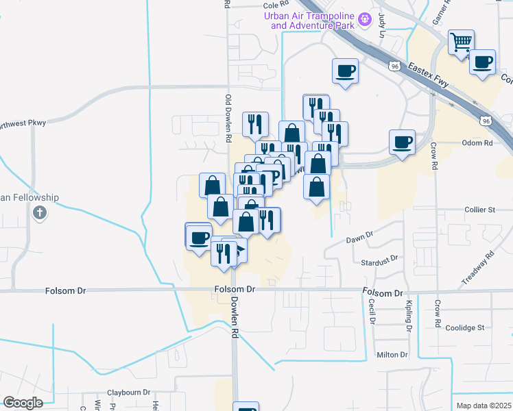 map of restaurants, bars, coffee shops, grocery stores, and more near 3625 Dowlen Road in Beaumont