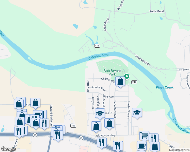 map of restaurants, bars, coffee shops, grocery stores, and more near 403 North Lori Circle in Bastrop