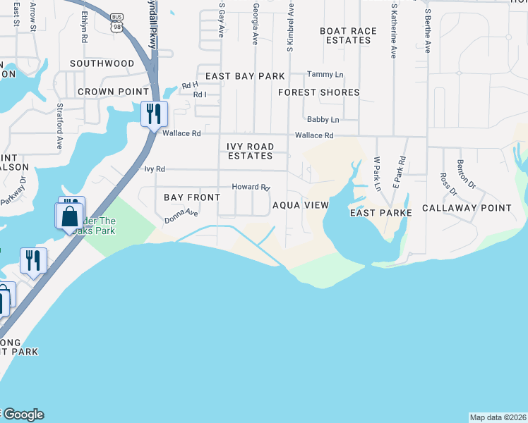 map of restaurants, bars, coffee shops, grocery stores, and more near 6047 Howard Road in Panama City