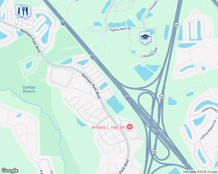 map of restaurants, bars, coffee shops, grocery stores, and more near 7043 Berrybrook Drive in Jacksonville