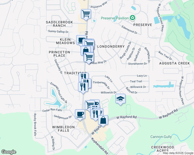 map of restaurants, bars, coffee shops, grocery stores, and more near 8402 Lazy Lane in Spring