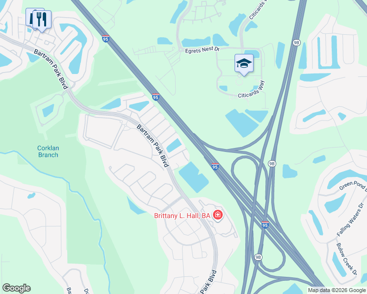 map of restaurants, bars, coffee shops, grocery stores, and more near 7043 Berrybrook Drive in Jacksonville