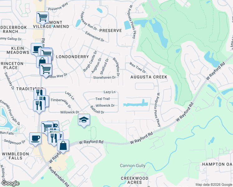 map of restaurants, bars, coffee shops, grocery stores, and more near 7809 Lazy Lane in Spring