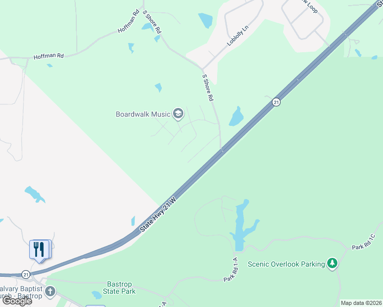 map of restaurants, bars, coffee shops, grocery stores, and more near 134 Pinewood Drive in Bastrop