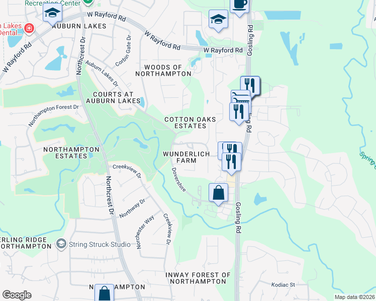 map of restaurants, bars, coffee shops, grocery stores, and more near 5931 Dovershire Knoll Court in Spring
