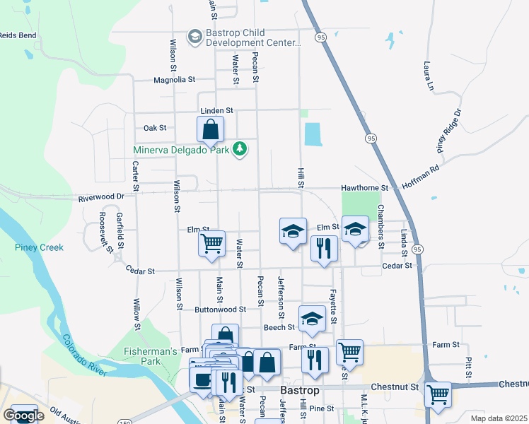map of restaurants, bars, coffee shops, grocery stores, and more near 1807 Pecan Street in Bastrop