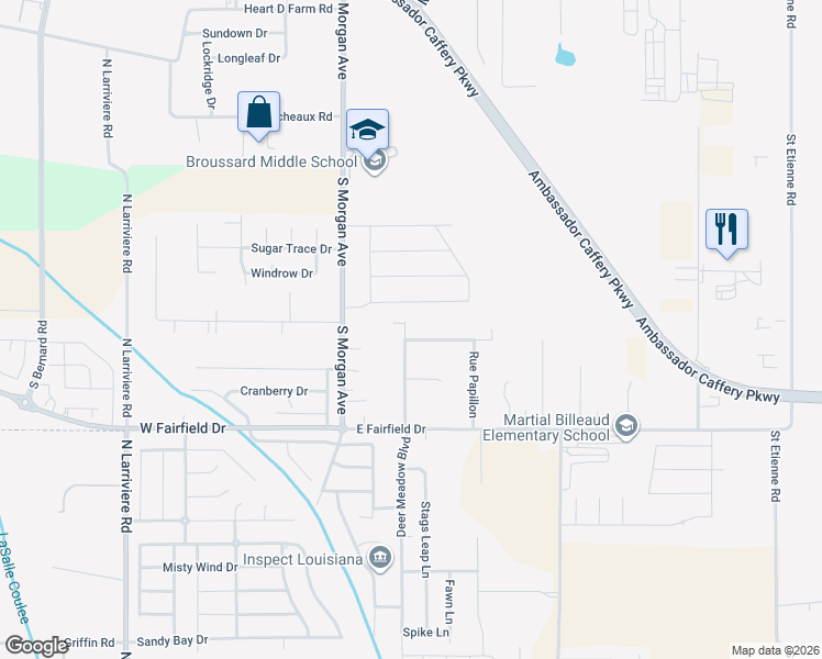 map of restaurants, bars, coffee shops, grocery stores, and more near 105 Rue Beau Soleil in Broussard