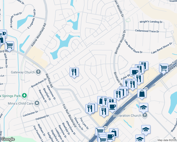 map of restaurants, bars, coffee shops, grocery stores, and more near 3210 Legends Hill Court in Spring